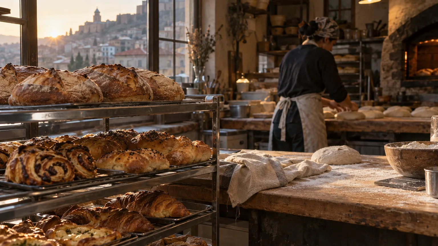 Trays of freshly baked bread and pastries cooling on metal racks in a small Tbilisi bakery at dawn, with flour on the workbench and a baker shaping dough in the background.